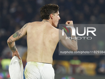 Atalanta's Nicolo Zaniolo celebrates after scoring their second goal during the Serie A soccer match between AS Roma and Atalanta BC at Stad...