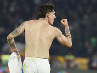 Atalanta's Nicolo Zaniolo celebrates after scoring their second goal during the Serie A soccer match between AS Roma and Atalanta BC at Stad...