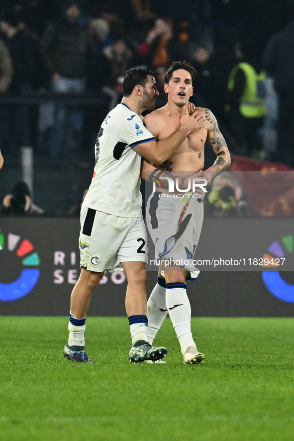 Nicolo Zaniolo of Atalanta B.C. celebrates after scoring the goal to make it 0-2 during the 14th day of the Serie A Championship between A.S...