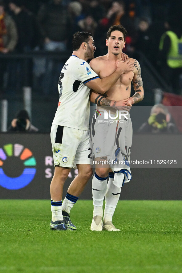 Nicolo Zaniolo of Atalanta B.C. celebrates after scoring the goal to make it 0-2 during the 14th day of the Serie A Championship between A.S...