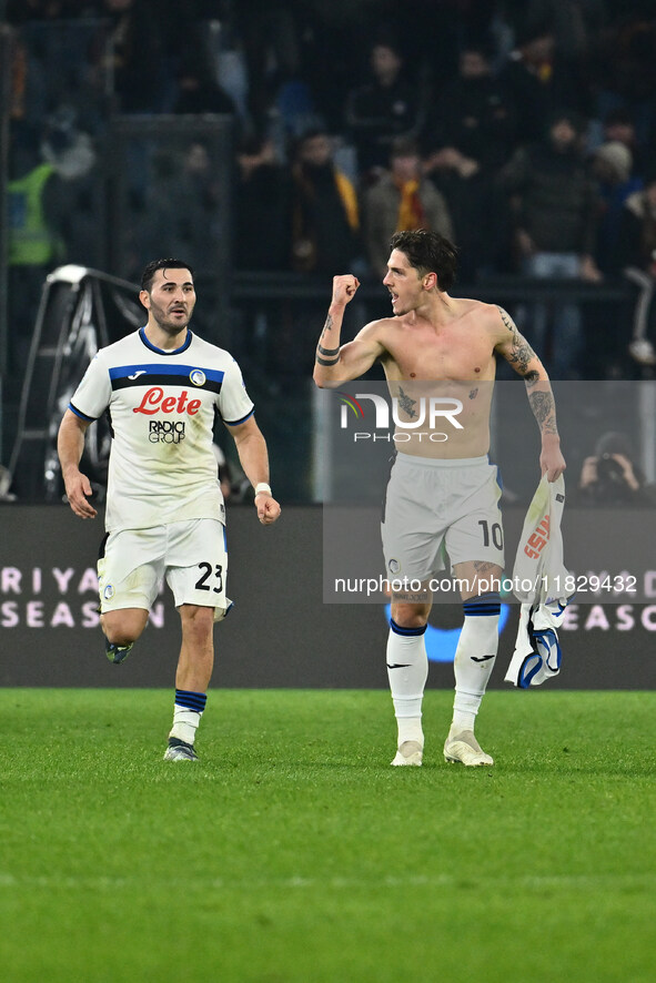 Nicolo Zaniolo of Atalanta B.C. celebrates after scoring the goal to make it 0-2 during the 14th day of the Serie A Championship between A.S...