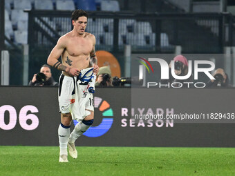 Nicolo Zaniolo of Atalanta B.C. celebrates after scoring the goal to make it 0-2 during the 14th day of the Serie A Championship between A.S...