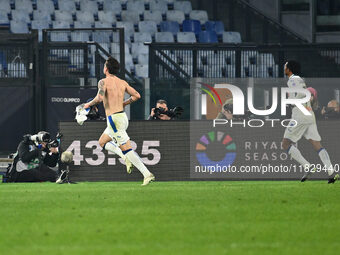 Nicolo Zaniolo of Atalanta B.C. celebrates after scoring the goal to make it 0-2 during the 14th day of the Serie A Championship between A.S...