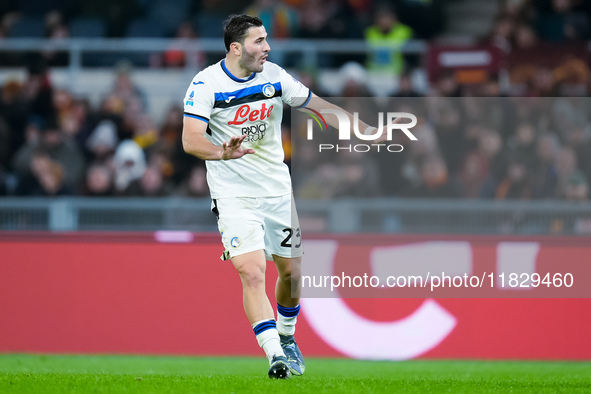 Sead Kolasinac of Atalanta BC gestures during the Serie A Enilive match between AS Roma and Atalanta BC at Stadio Olimpico on December 02, 2...