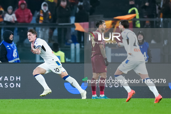 Nicolo Zaniolo of Atalanta BC celebrates after scoring second goal during the Serie A Enilive match between AS Roma and Atalanta BC at Stadi...