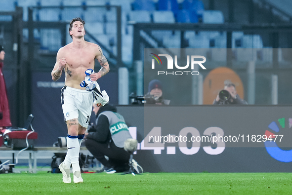 Nicolo Zaniolo of Atalanta BC celebrates after scoring second goal during the Serie A Enilive match between AS Roma and Atalanta BC at Stadi...