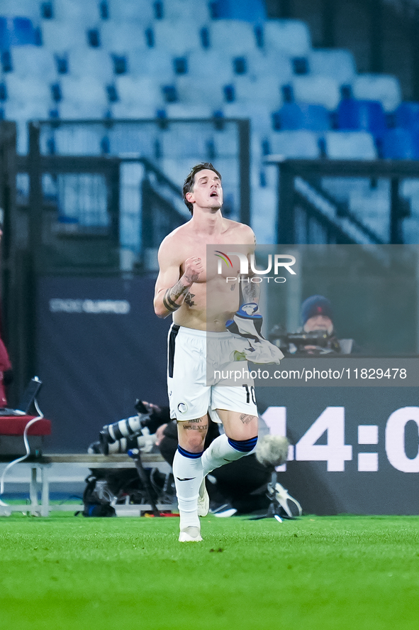 Nicolo Zaniolo of Atalanta BC celebrates after scoring second goal during the Serie A Enilive match between AS Roma and Atalanta BC at Stadi...