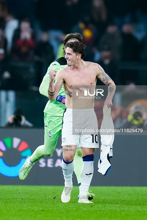 Nicolo Zaniolo of Atalanta BC celebrates after scoring second goal during the Serie A Enilive match between AS Roma and Atalanta BC at Stadi...