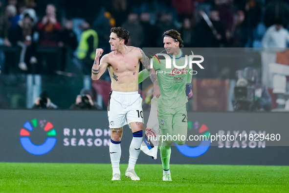 Nicolo Zaniolo of Atalanta BC celebrates after scoring second goal during the Serie A Enilive match between AS Roma and Atalanta BC at Stadi...