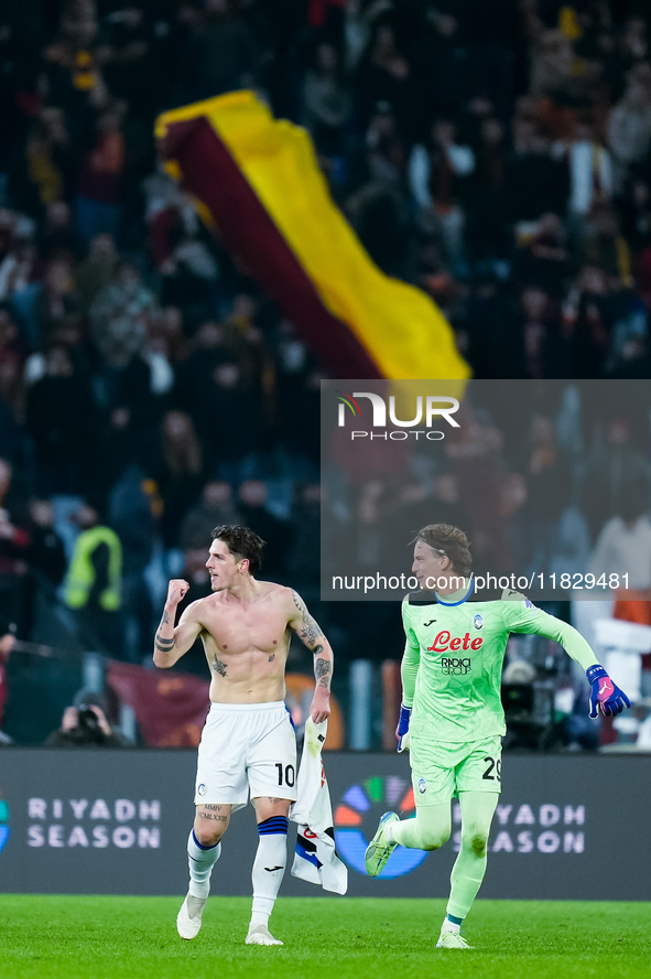 Nicolo Zaniolo of Atalanta BC celebrates after scoring second goal during the Serie A Enilive match between AS Roma and Atalanta BC at Stadi...