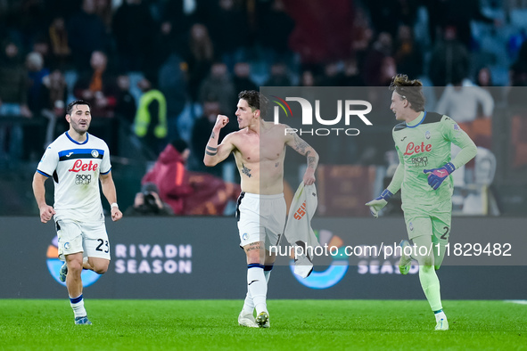 Nicolo Zaniolo of Atalanta BC celebrates after scoring second goal during the Serie A Enilive match between AS Roma and Atalanta BC at Stadi...