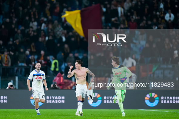 Nicolo Zaniolo of Atalanta BC celebrates after scoring second goal during the Serie A Enilive match between AS Roma and Atalanta BC at Stadi...