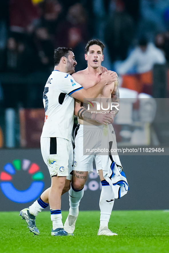 Nicolo Zaniolo of Atalanta BC celebrates after scoring second goal during the Serie A Enilive match between AS Roma and Atalanta BC at Stadi...