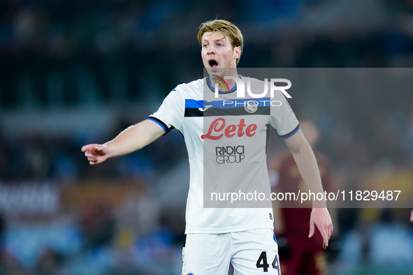 Marco Brescianini of Atalanta BC gestures during the Serie A Enilive match between AS Roma and Atalanta BC at Stadio Olimpico on December 02...