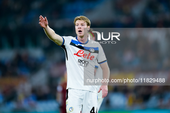 Marco Brescianini of Atalanta BC gestures during the Serie A Enilive match between AS Roma and Atalanta BC at Stadio Olimpico on December 02...