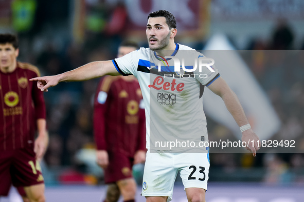 Sead Kolasinac of Atalanta BC gestures during the Serie A Enilive match between AS Roma and Atalanta BC at Stadio Olimpico on December 02, 2...