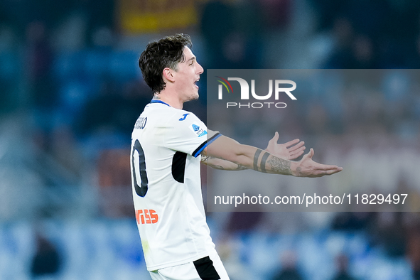 Nicolo Zaniolo of Atalanta BC reacts during the Serie A Enilive match between AS Roma and Atalanta BC at Stadio Olimpico on December 02, 202...