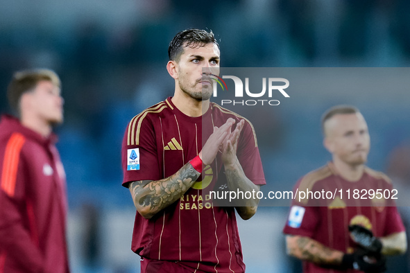 Leandro Paredes of AS Roma greets the fans during the Serie A Enilive match between AS Roma and Atalanta BC at Stadio Olimpico on December 0...