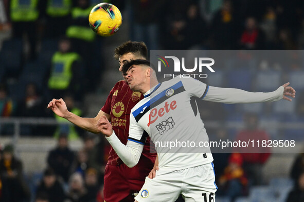 Stephan El Shaarawy of A.S. Roma and Raoul Bellanova of Atalanta B.C. are in action during the 14th day of the Serie A Championship between...