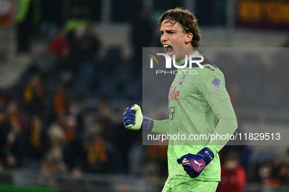 Marco Carnesecchi of Atalanta B.C. participates in the 14th day of the Serie A Championship between A.S. Roma and Atalanta B.C. at the Olymp...