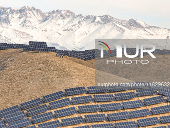 Workers of Huaneng Yili Xexin Photovoltaic Power Plant inspect equipment on a barren slope in Yili, Xinjiang province, China, on November 30...