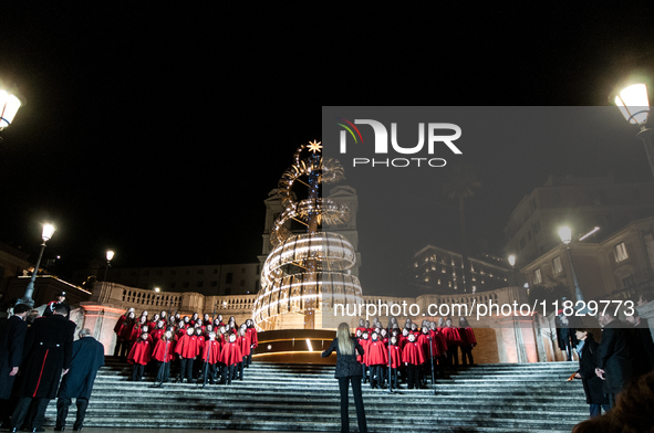 In Rome, Italy, on December 2, 2024, the tree signed Bulgari on the steps of Trinita dei Monti and the lights of Via Condotti are lit. The r...