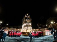 In Rome, Italy, on December 2, 2024, the tree signed Bulgari on the steps of Trinita dei Monti and the lights of Via Condotti are lit. The r...