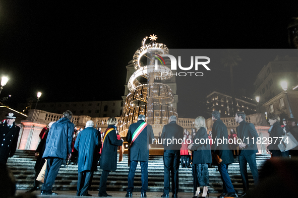 In Rome, Italy, on December 2, 2024, the tree signed Bulgari on the steps of Trinita dei Monti and the lights of Via Condotti are lit. The r...