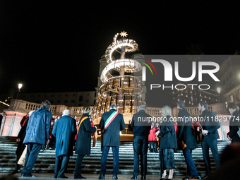 In Rome, Italy, on December 2, 2024, the tree signed Bulgari on the steps of Trinita dei Monti and the lights of Via Condotti are lit. The r...