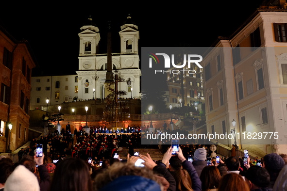 In Rome, Italy, on December 2, 2024, the tree signed Bulgari on the steps of Trinita dei Monti and the lights of Via Condotti are lit. The r...