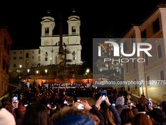 In Rome, Italy, on December 2, 2024, the tree signed Bulgari on the steps of Trinita dei Monti and the lights of Via Condotti are lit. The r...