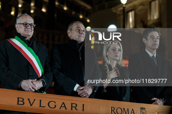 In Rome, Italy, on December 2, 2024, the tree signed Bulgari on the steps of Trinita dei Monti and the lights of Via Condotti are lit. The r...