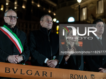 In Rome, Italy, on December 2, 2024, the tree signed Bulgari on the steps of Trinita dei Monti and the lights of Via Condotti are lit. The r...