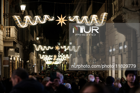 In Rome, Italy, on December 2, 2024, the tree signed Bulgari on the steps of Trinita dei Monti and the lights of Via Condotti are lit. The r...