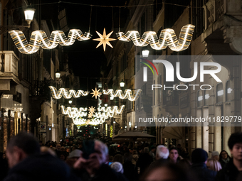 In Rome, Italy, on December 2, 2024, the tree signed Bulgari on the steps of Trinita dei Monti and the lights of Via Condotti are lit. The r...