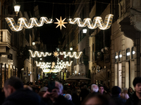 In Rome, Italy, on December 2, 2024, the tree signed Bulgari on the steps of Trinita dei Monti and the lights of Via Condotti are lit. The r...