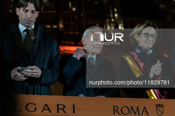 In Rome, Italy, on December 2, 2024, the tree signed Bulgari on the steps of Trinita dei Monti and the lights of Via Condotti are lit. The r...