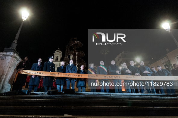 In Rome, Italy, on December 2, 2024, the tree signed Bulgari on the steps of Trinita dei Monti and the lights of Via Condotti are lit. The r...