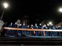 In Rome, Italy, on December 2, 2024, the tree signed Bulgari on the steps of Trinita dei Monti and the lights of Via Condotti are lit. The r...