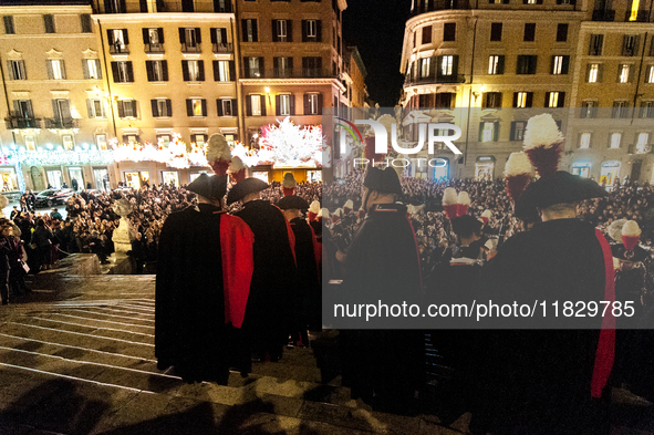 In Rome, Italy, on December 2, 2024, the tree signed Bulgari on the steps of Trinita dei Monti and the lights of Via Condotti are lit. The r...