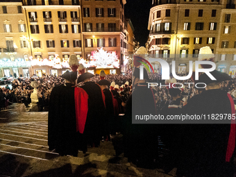 In Rome, Italy, on December 2, 2024, the tree signed Bulgari on the steps of Trinita dei Monti and the lights of Via Condotti are lit. The r...