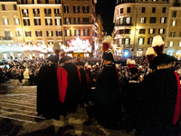 In Rome, Italy, on December 2, 2024, the tree signed Bulgari on the steps of Trinita dei Monti and the lights of Via Condotti are lit. The r...