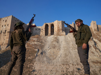 Syrian opposition fighters pose for a photo in front of the ancient citadel of Aleppo after taking control of the city in Aleppo, Syria, on...