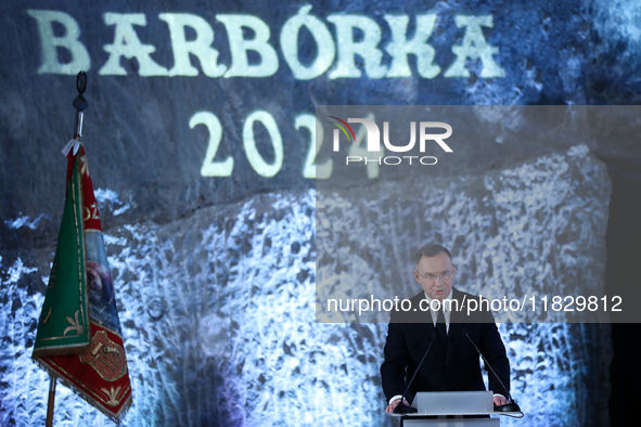 Polish President Andrzej Duda participates in the celebration of Saint Barbara's Day in the Salt Mine in Wieliczka, Poland, on November 12,...