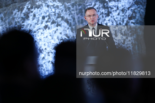 Polish President Andrzej Duda participates in the celebration of Saint Barbara's Day in the Salt Mine in Wieliczka, Poland, on November 12,...