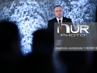 Polish President Andrzej Duda participates in the celebration of Saint Barbara's Day in the Salt Mine in Wieliczka, Poland, on November 12,...