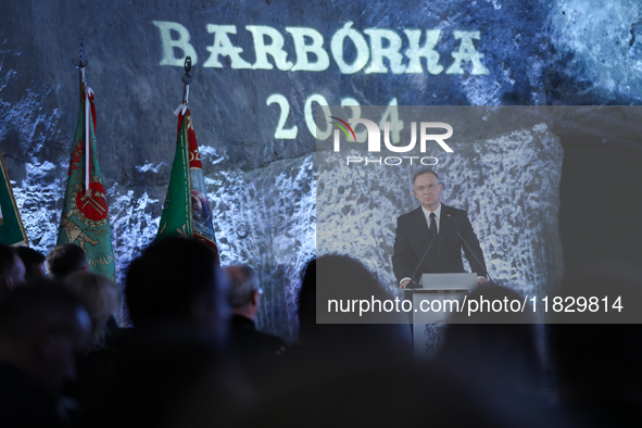 Polish President Andrzej Duda participates in the celebration of Saint Barbara's Day in the Salt Mine in Wieliczka, Poland, on November 12,...