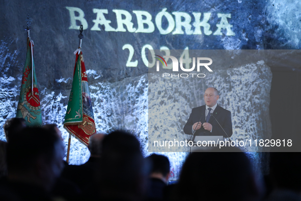 In Wieliczka, Poland, on November 12, 2024, Malopolska Voivode Krzysztof Kleczar participates in the celebration of Saint Barbara's Day at t...