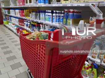 A detailed view of a shopping cart in the aisle of a modern supermarket in Barletta, Italy, on December 1, 2024.   (