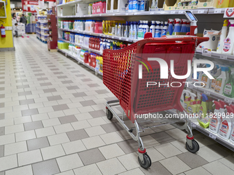 A detailed view of a shopping cart in the aisle of a modern supermarket in Barletta, Italy, on December 1, 2024.   (